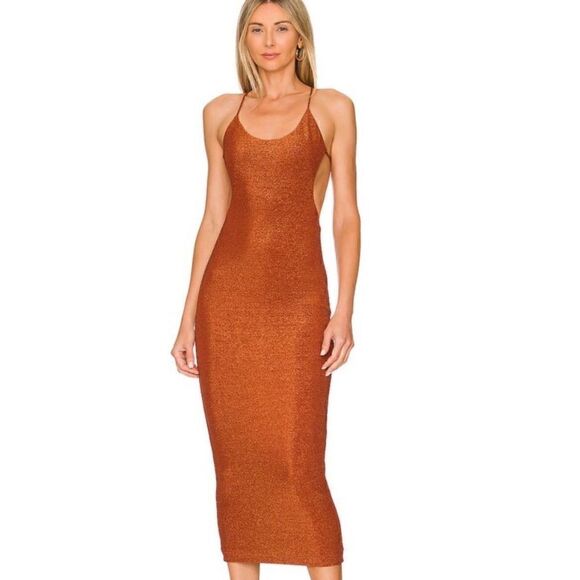 Misha Rebekah Womens 6 Metallic Midi Dress Copper Open Back Strappy V Neck NWT - Picture 1 of 10